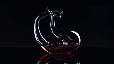 un décanteur de vin original en forme de S, au milieu de la photo, fond noir professionnel 