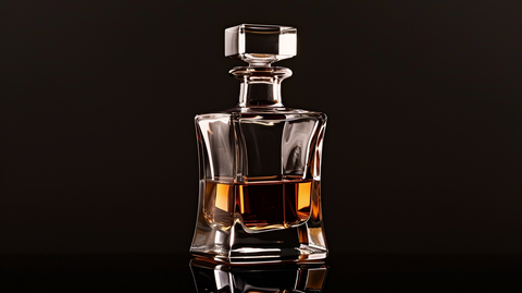une carafe à whisky simple et moderne, rectangulaire, sur un fond noir professionnel