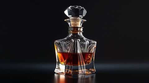 whisky décanteur vintage sur fond noir professionnel au milieu de l'image 