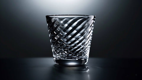 un verre edo kiriko au milieu de l'image dans un fond noir professionnel, symétrique, au milieu de l'image