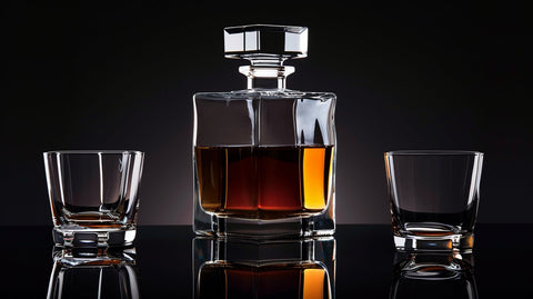 une carafe à whisky moderne rectangulaire avec des verres à whisky autour, au milieux de la photo, symétrique, fond noir professionel