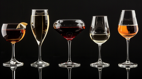 verre à vin, champagne, eau , cognac, rhum, cocktail, symétrique, fond noir professionel 