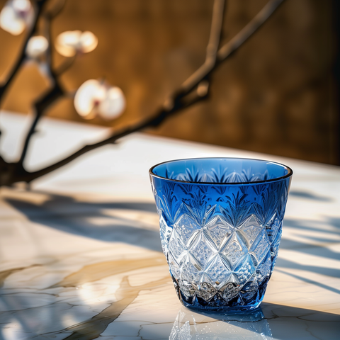 Un verre en cristal bleu et blanc edo kiriko avec des motifs taillés, l'intérieur de la coupe est gravé d'un motif abstrait en forme de cœur, placé sur une table propre, éclairé par la lumière naturelle, mettant en valeur sa texture et ses détails.