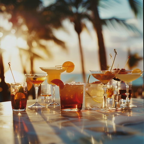 un cocktail avec plusieurs verres à cocktail sur un bar de plage