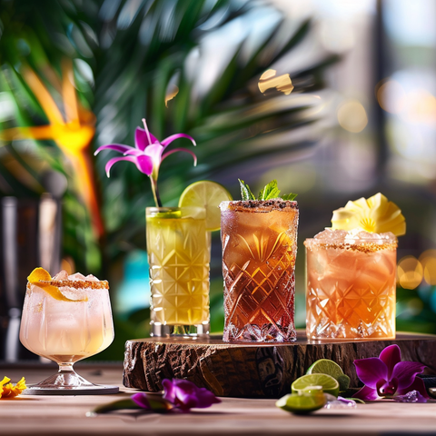 plusieur cocktail dans des verres tiki tulipe, old fashion et tumbler sur un bar luxueux rappelant l'été .png
