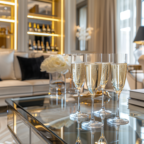 plusieurs verre à champagne sur une table d'apéritif ultra luxueuse clair dans un salon luxueux clair.png