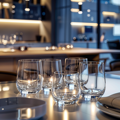 plusieurs verres à eau ronds classiques sur une table à manger luxueuse dans un espace confortable éclairé par un design luxueux