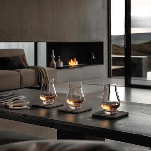 set de verre à whisky tulipe sur une table de dégustation luxueuse sombre dans un salon luxueux gris foncé
