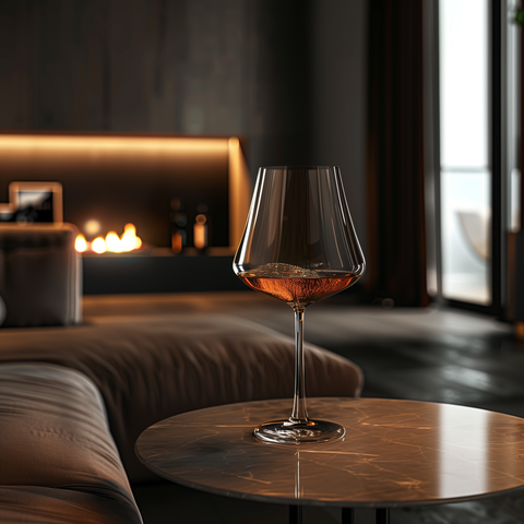 un verre à vin sur une table de dégustation, design et luxe, dans un salon ultra-luxueux sombre