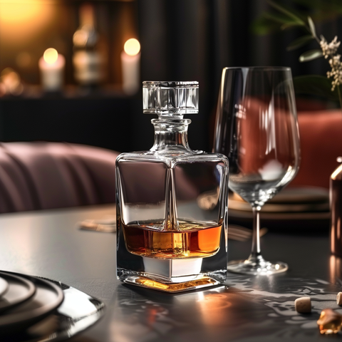 une carafe a whisky classique sans motif, rectangulaire sur une table d'apérétif sombre luxueuse 