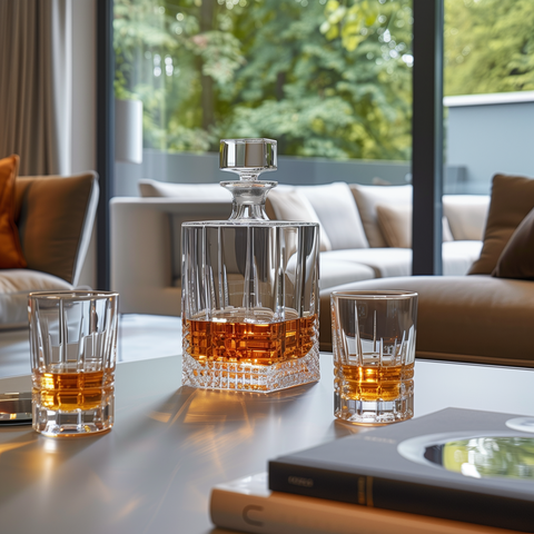 une carafe à whisky rectangulaire sur une table de dégustation entourée de verres à whisky, la carafe est design et luxueuse, dans un salon lumineux ultra-luxueux.