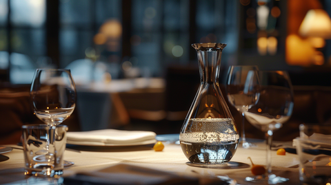 une carafe d'eau classique sur une table de diner dréssé éclairé luxueuse