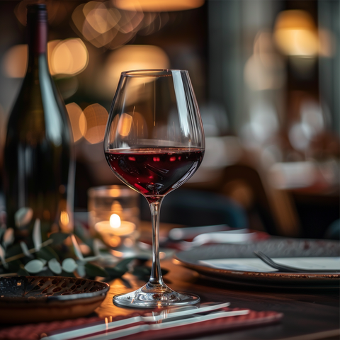 verre à vin sur une table de diner drésse pour un repas vin rouge et carafe a vin